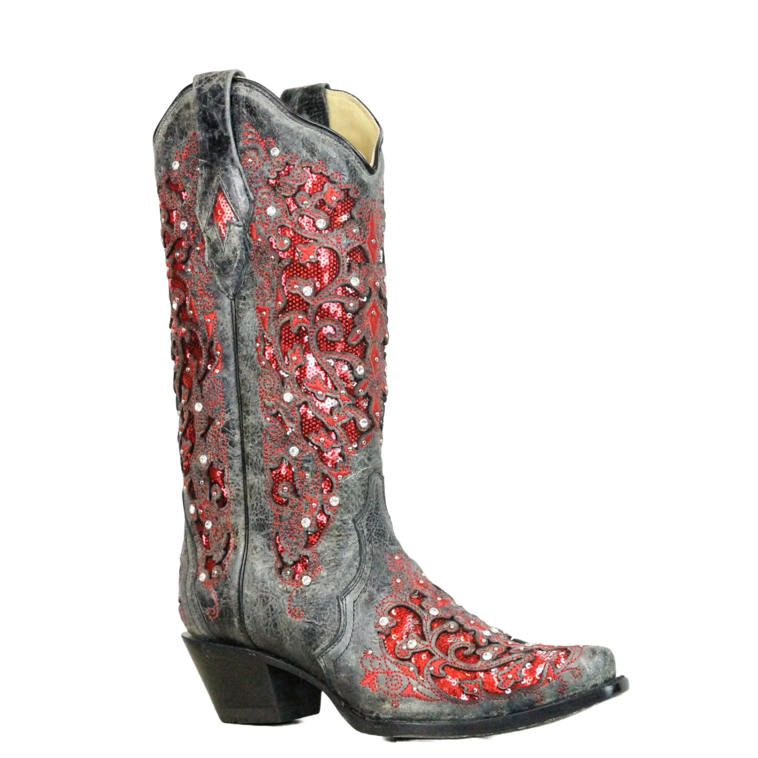 Corral Boots Corral Ladies Black-Red Glitter Inlay & Crystal Boots A3534
