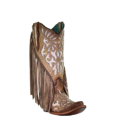 Corral Boots Corral Ladies Saddle Brown Lamb Inlay Embroidery & Fringe Boots C3766
